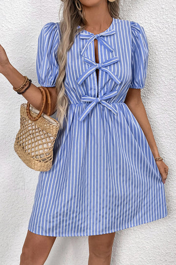 Blue Vertical Stripe A Line Half Sleeves Short Summer Dress with Bow